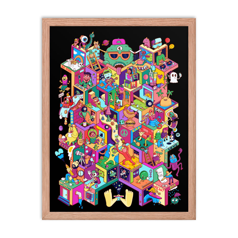 Detailed hand-drawn isometric city art print in bold, whimsical popwhimsy colour