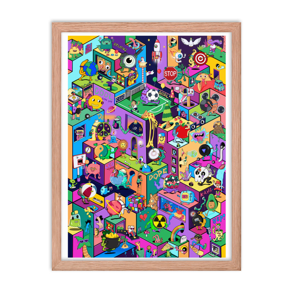 Colourful kids room wall art featuring an imaginary city drawn by Daniel Sulzberg