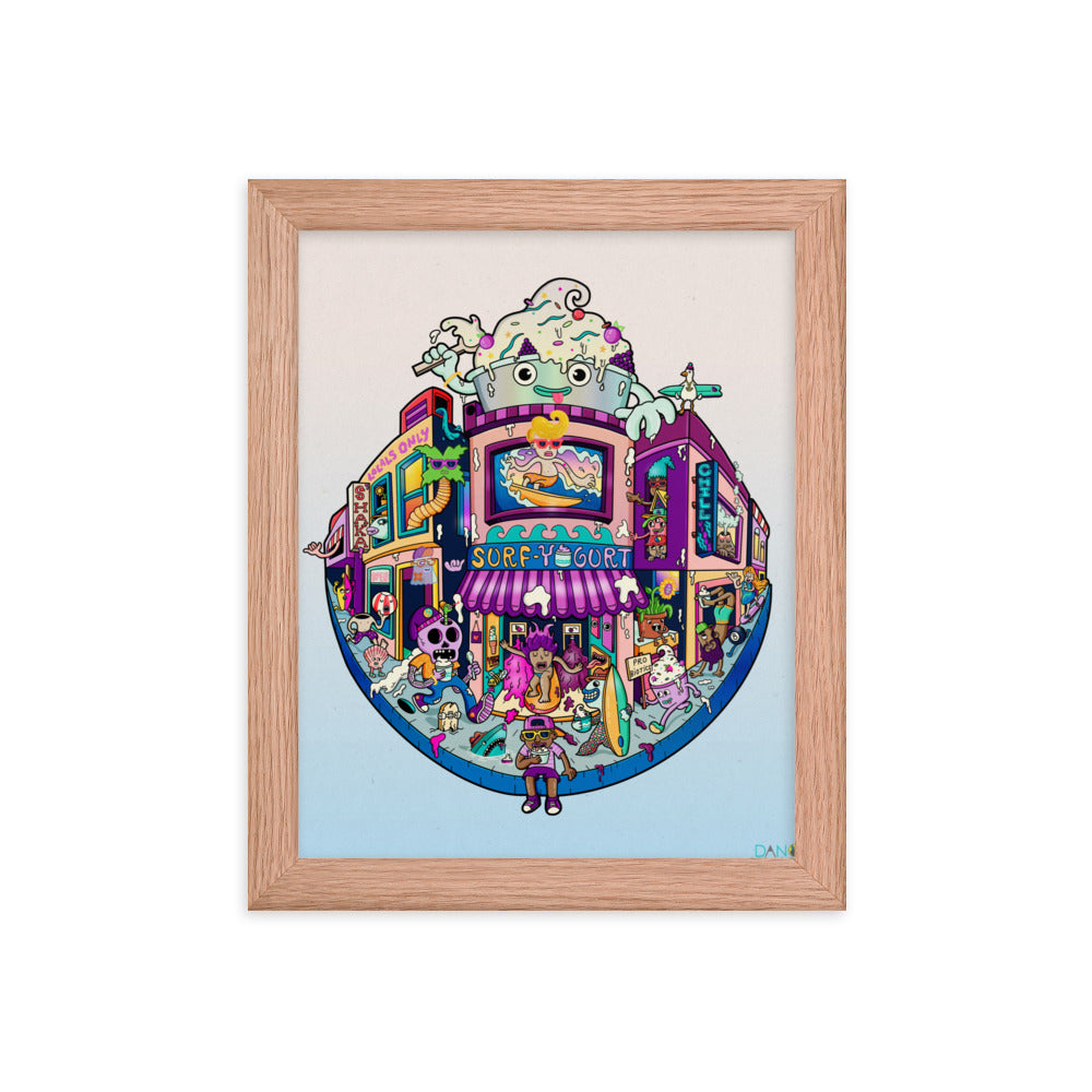 Colourful California surf and froyo artwork as a framed print for kids and teen rooms