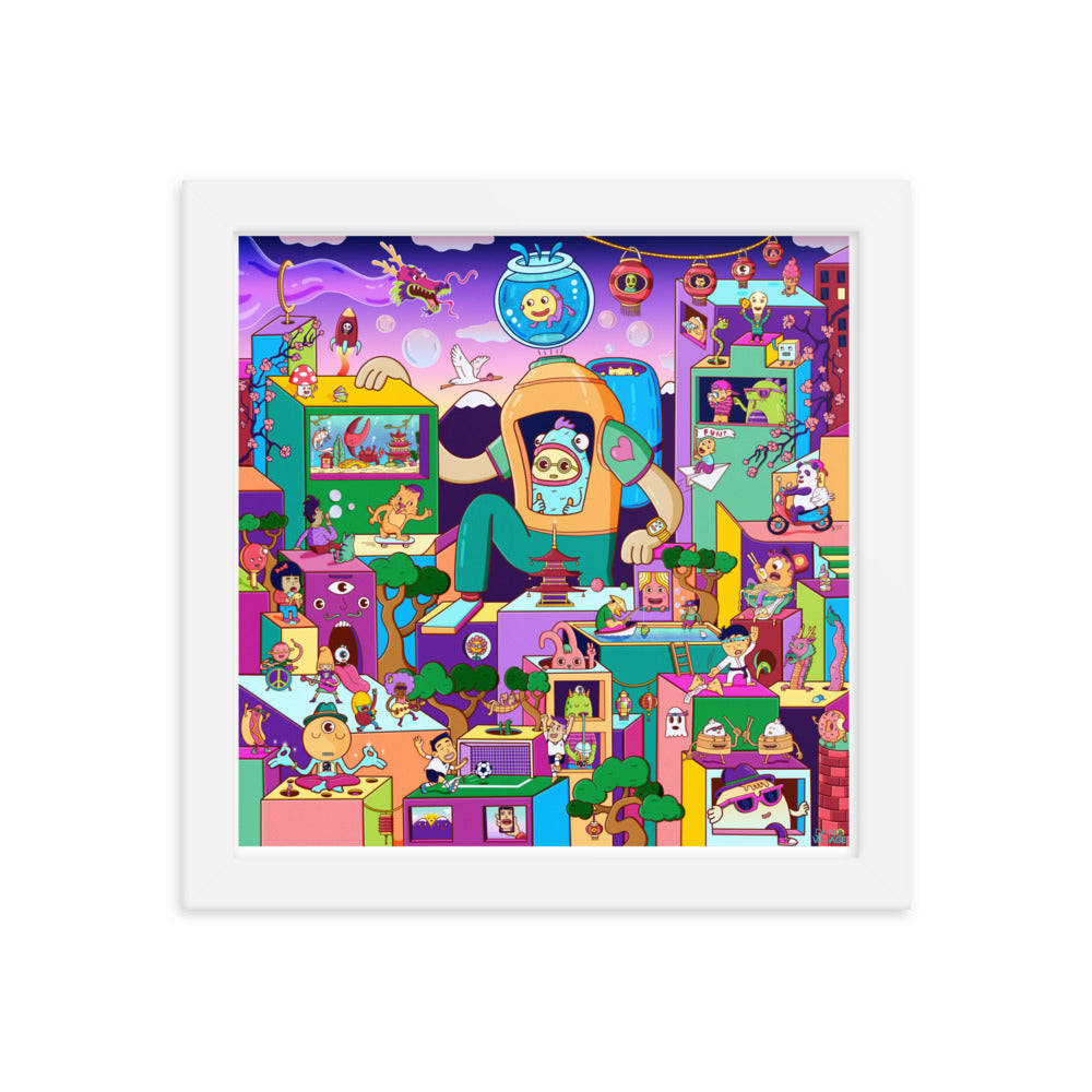 Whimsical isometric bubble city framed print for young dreamers and collectors