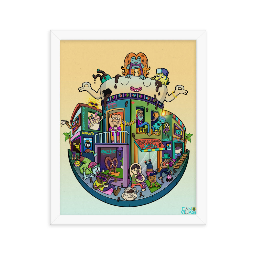 Cafe Namaste yoga and coffee wall art by Santa Barbara illustrator Daniel Sulzberg