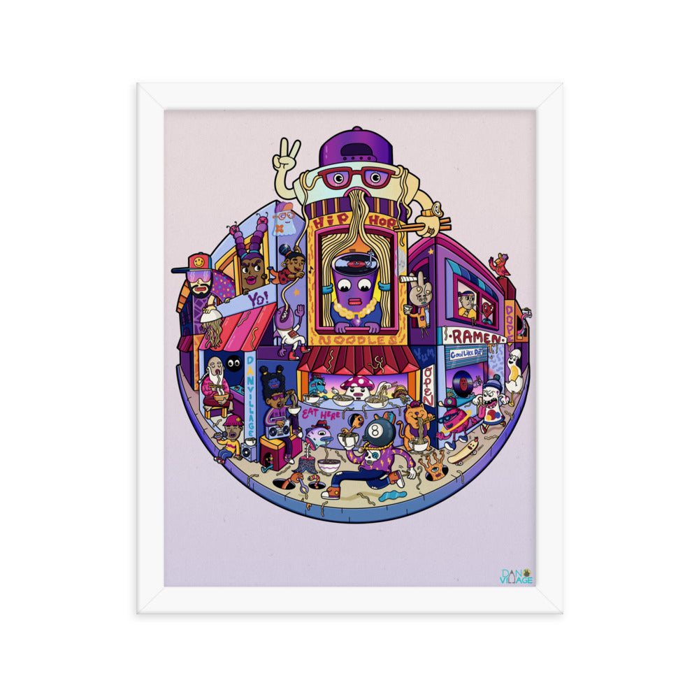 Detailed illustrated ramen and rap framed wall art by illustrator Daniel Sulzberg
