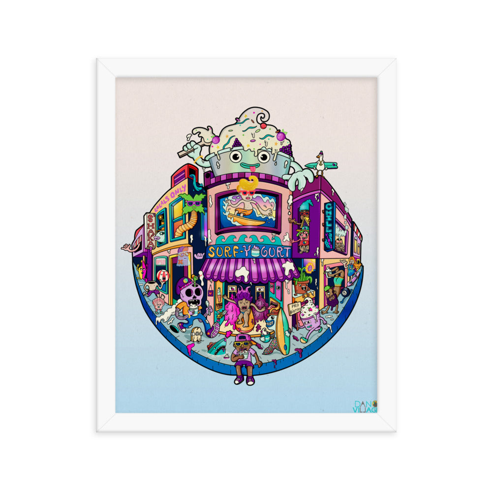 Funny surf and yogurt framed wall art by Santa Barbara illustrator Daniel Sulzberg