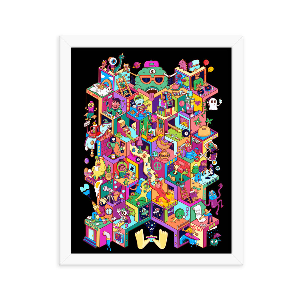 Isometric Mayhem wall art by illustrator Daniel Sulzberg, framed and ready to hang