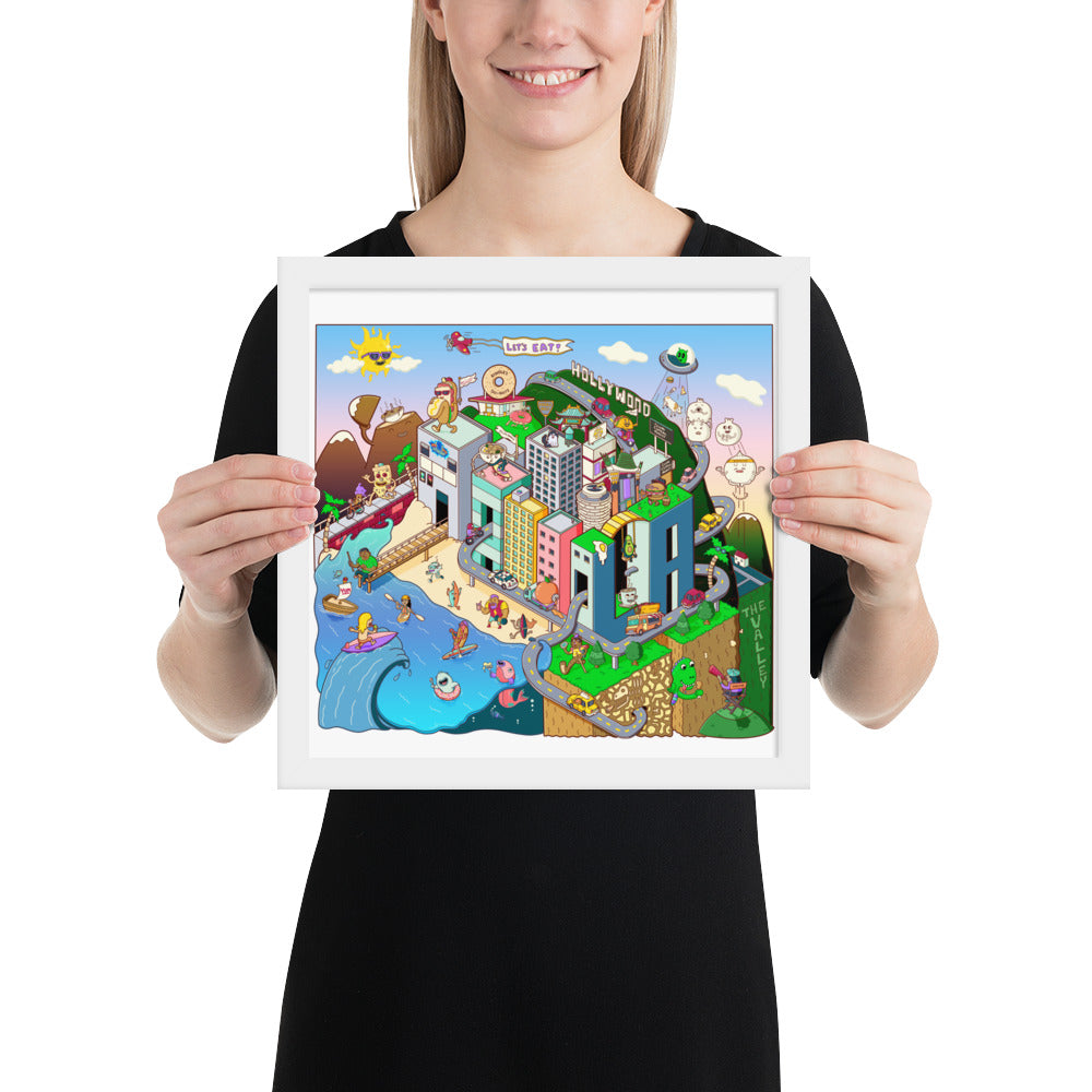 Hand-drawn Los Angeles food scene art print from Danvillage Art Lab, framed