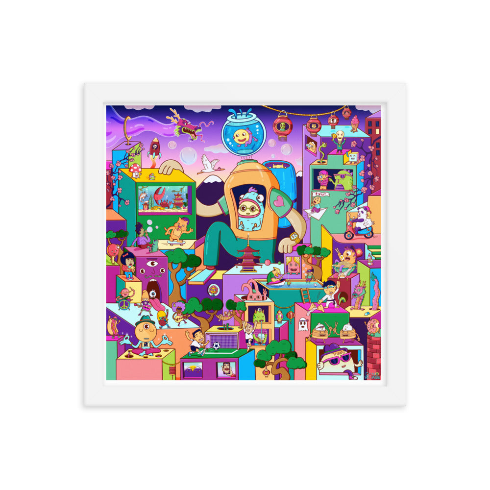 Bright original artwork for children's walls, an isometric city full of small stories