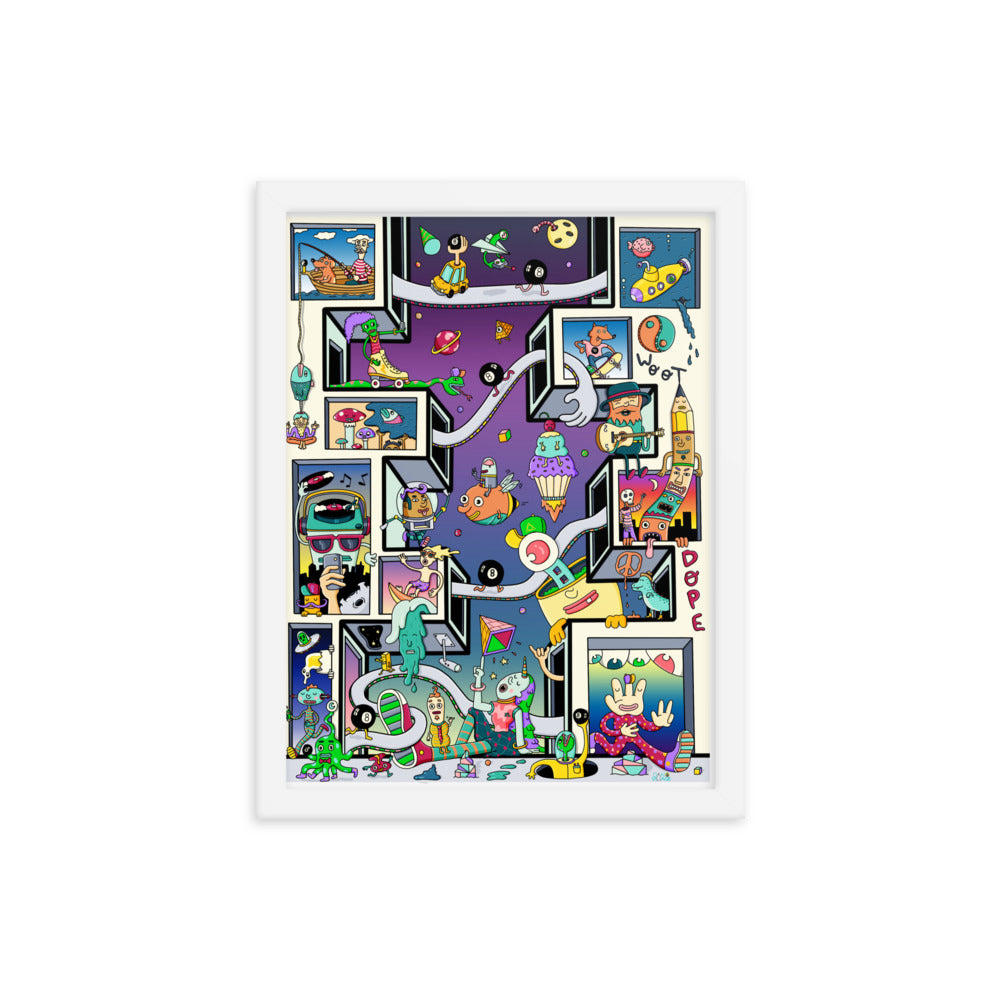 Character-filled framed wall art print by Daniel Sulzberg for bedrooms and studios