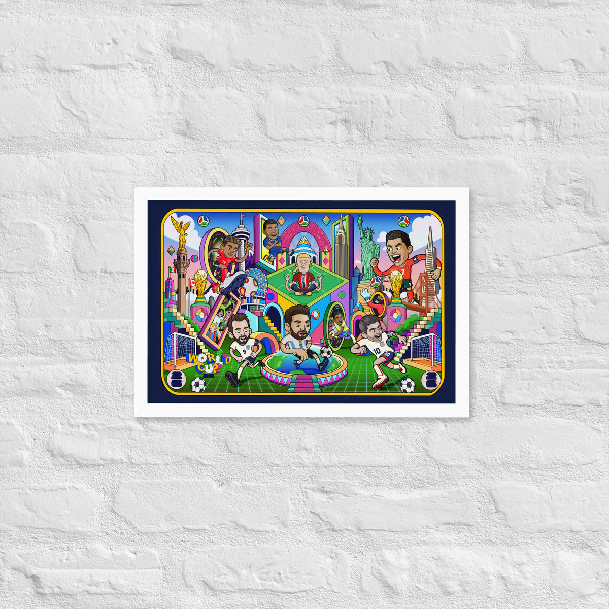 Illustrated soccer legends framed print for game rooms, garages and bedrooms