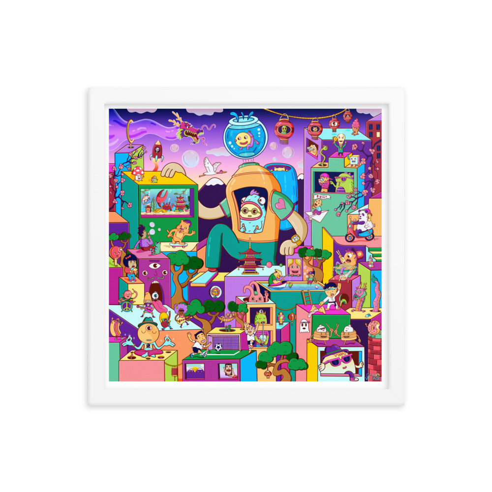 Framed illustrated print of a floating bubble city built out of very good moods
