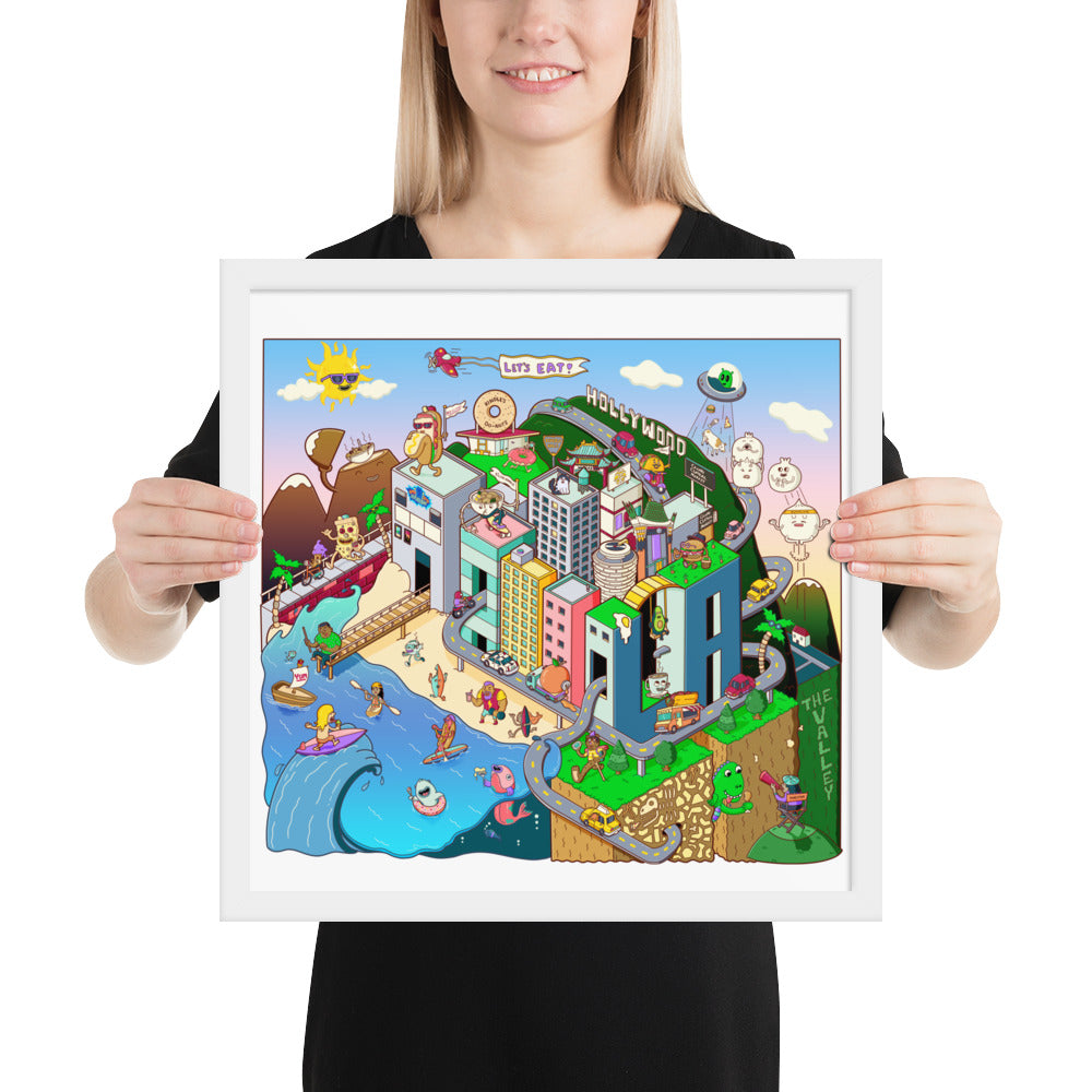 Bright framed art print of a city held together by tacos and strong opinions