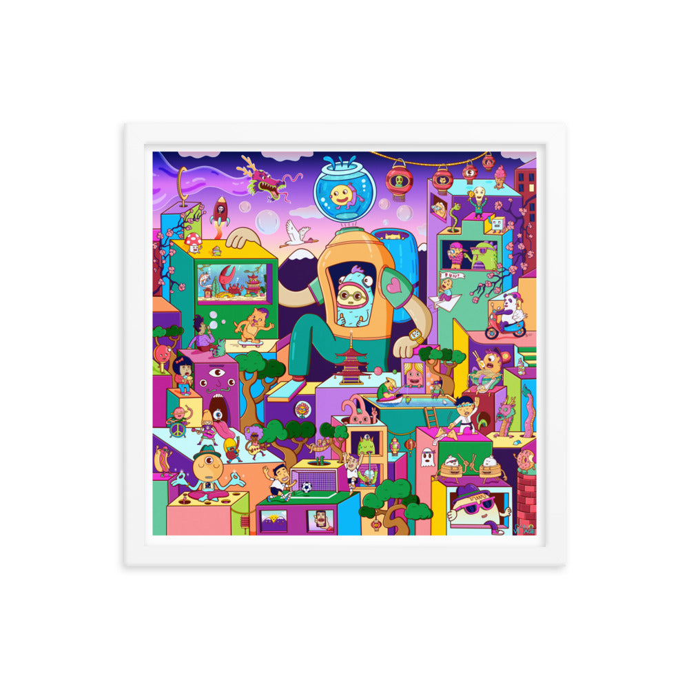 Colourful character-packed isometric wall art by illustrator Daniel Sulzberg