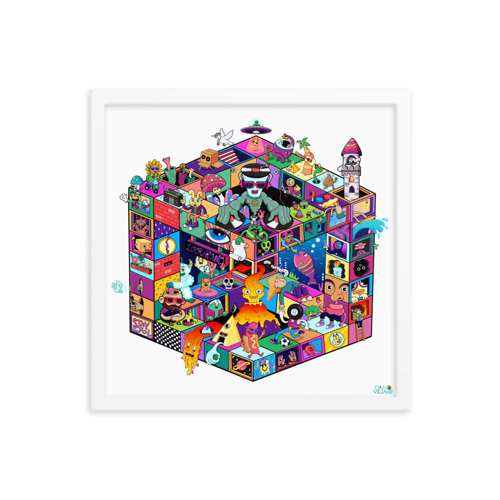 Framed original artwork print with dense detail and joyful colour throughout