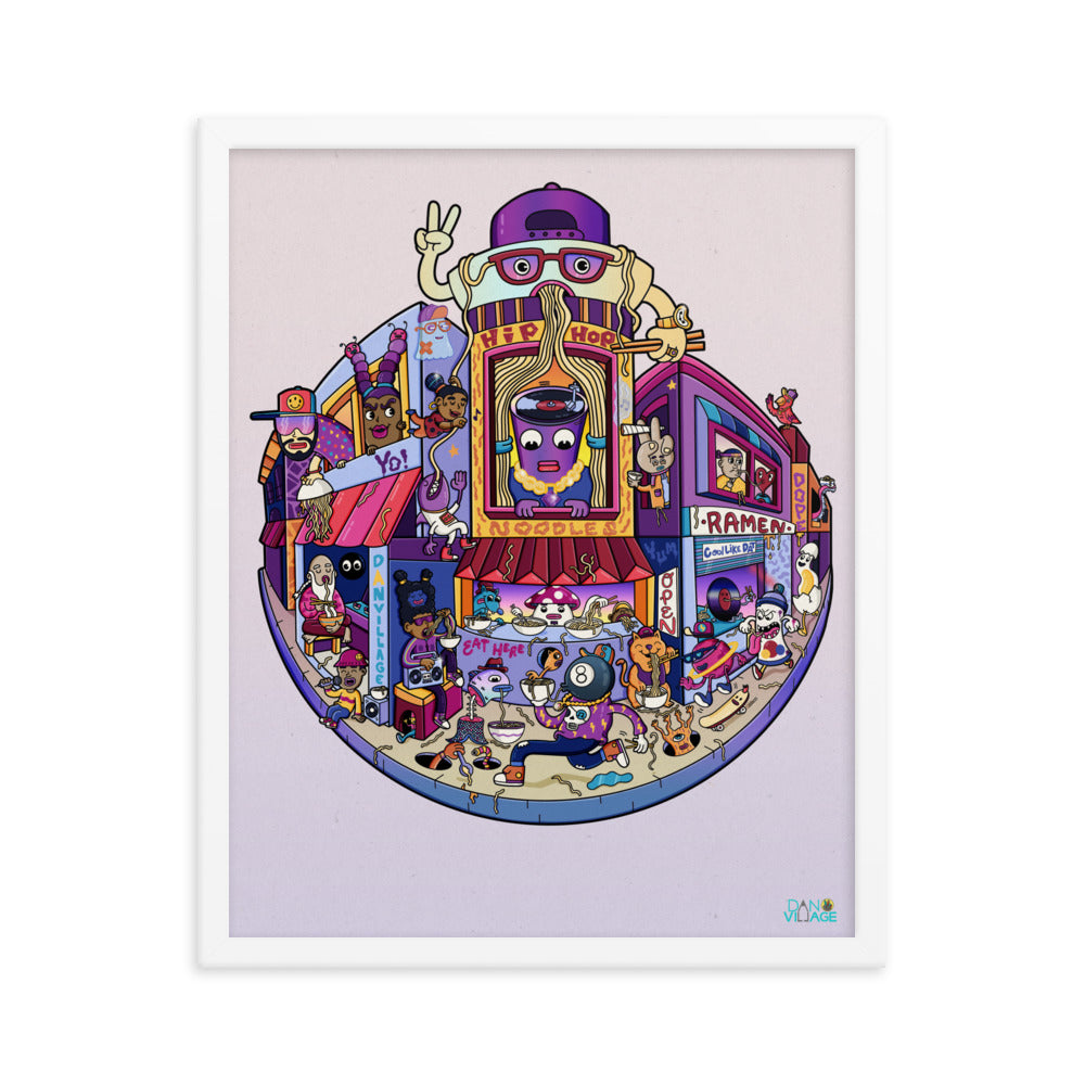 Bold, character-packed noodle artwork printed as framed wall art for the kitchen table