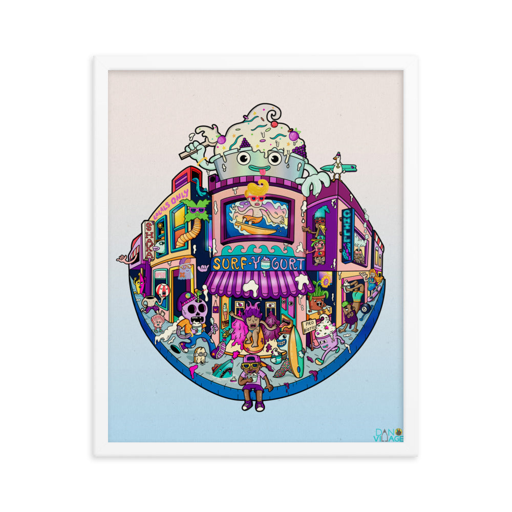 Playful illustrated surfing and froyo framed print for people who love the coast