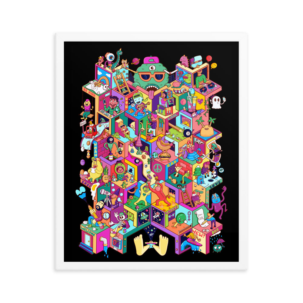 Bright surreal isometric illustration printed as framed art for collectors and kids