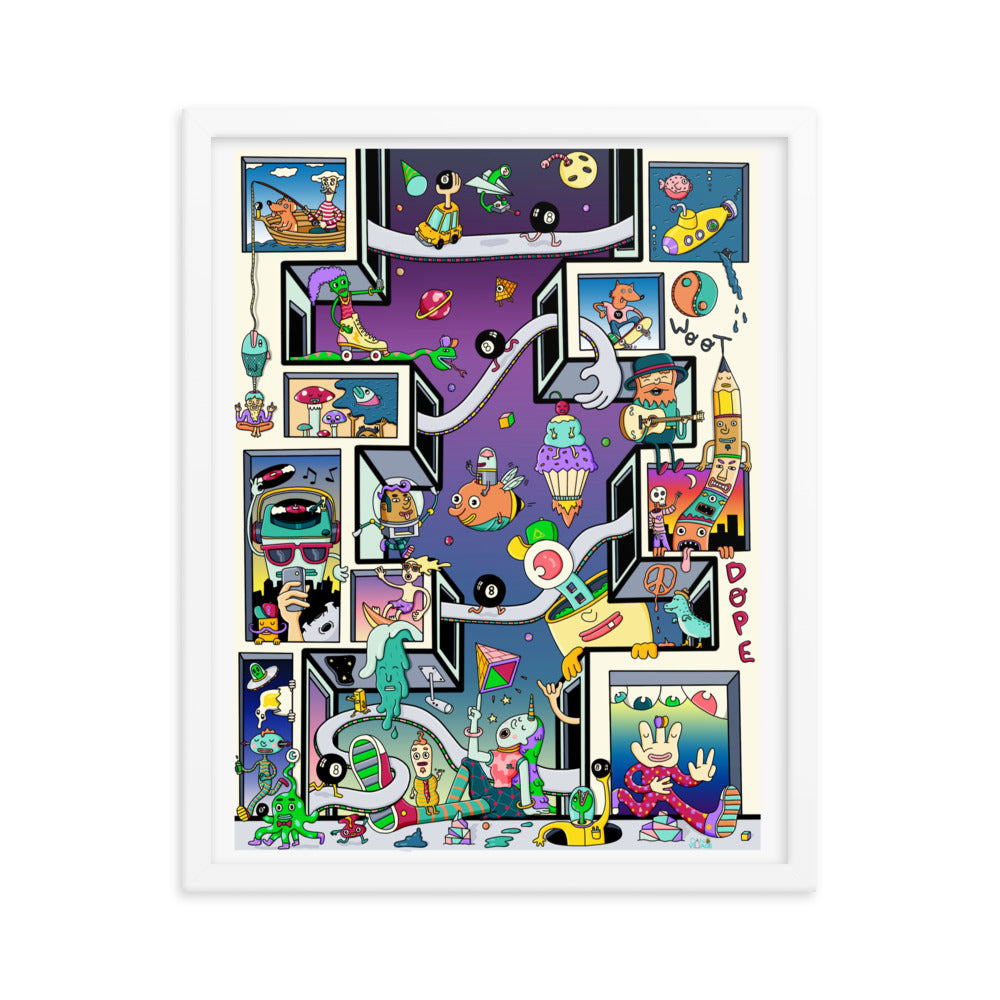 Hand-drawn Wacky Windows print with dozens of tiny stories in one illustrated frame