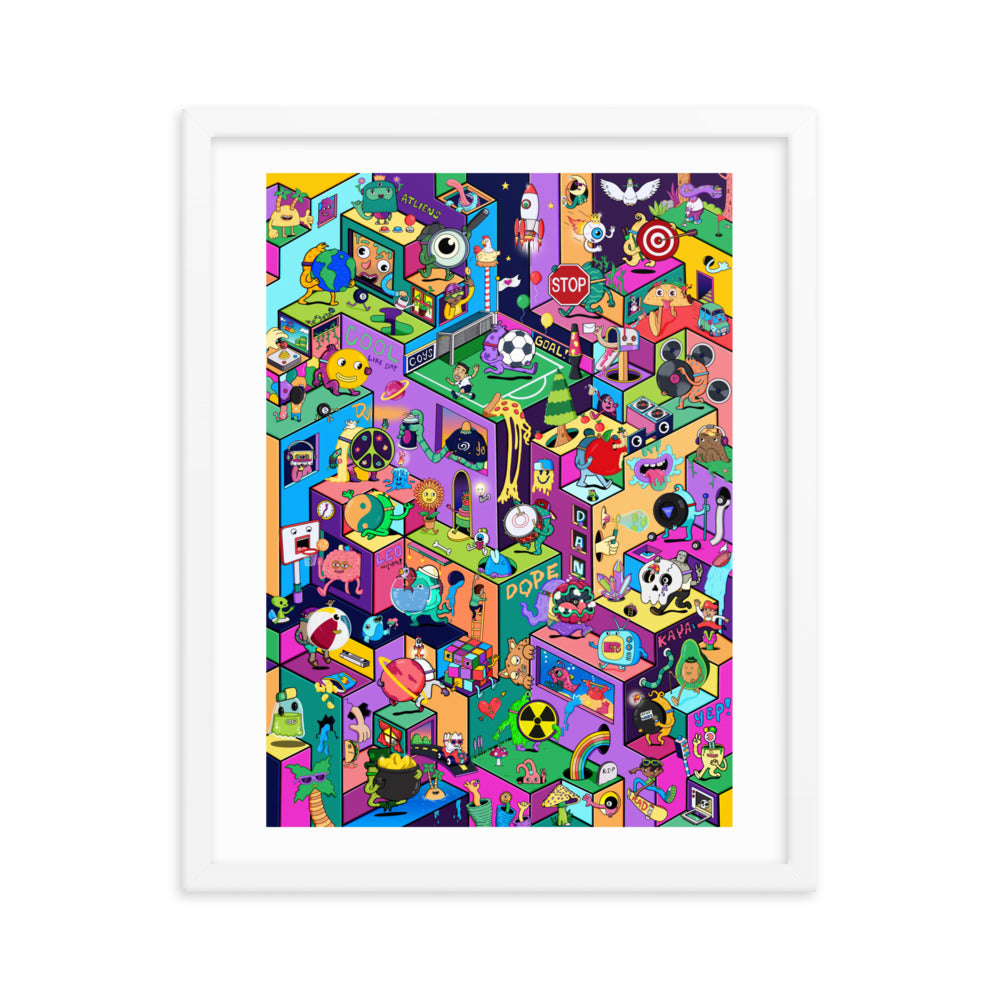 Framed art print of an entire joyful world drawn by illustrator Daniel Sulzberg