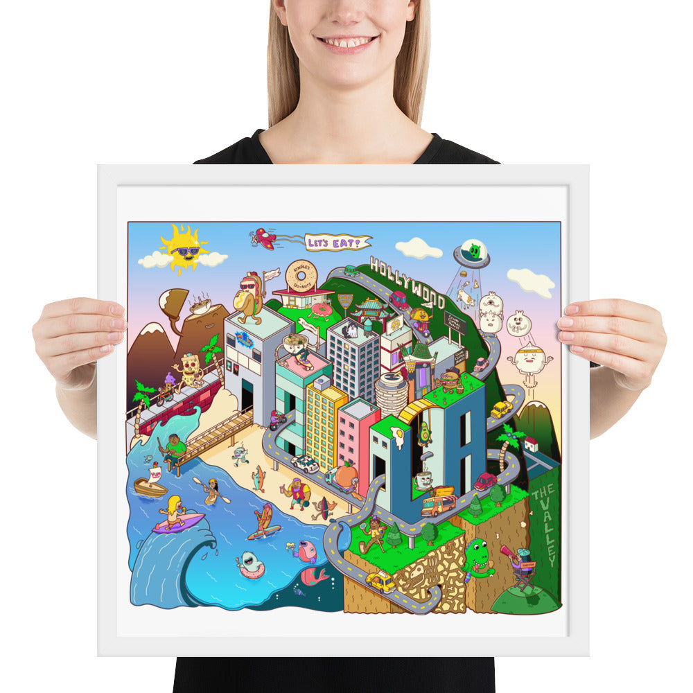 Framed original art print of illustrated LA eats, a fundraiser for wildfire relief