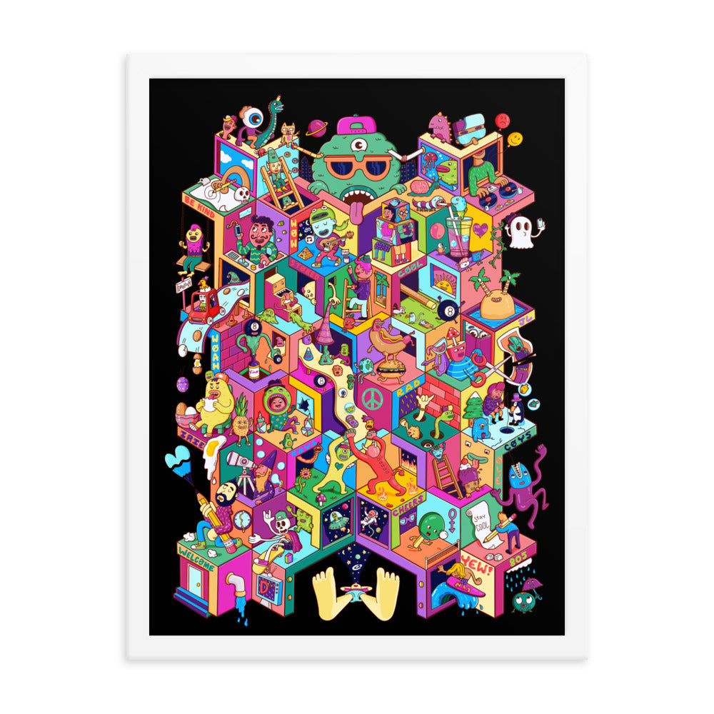 The signature Danvillage cityscape as a framed illustrated print by Daniel Sulzberg