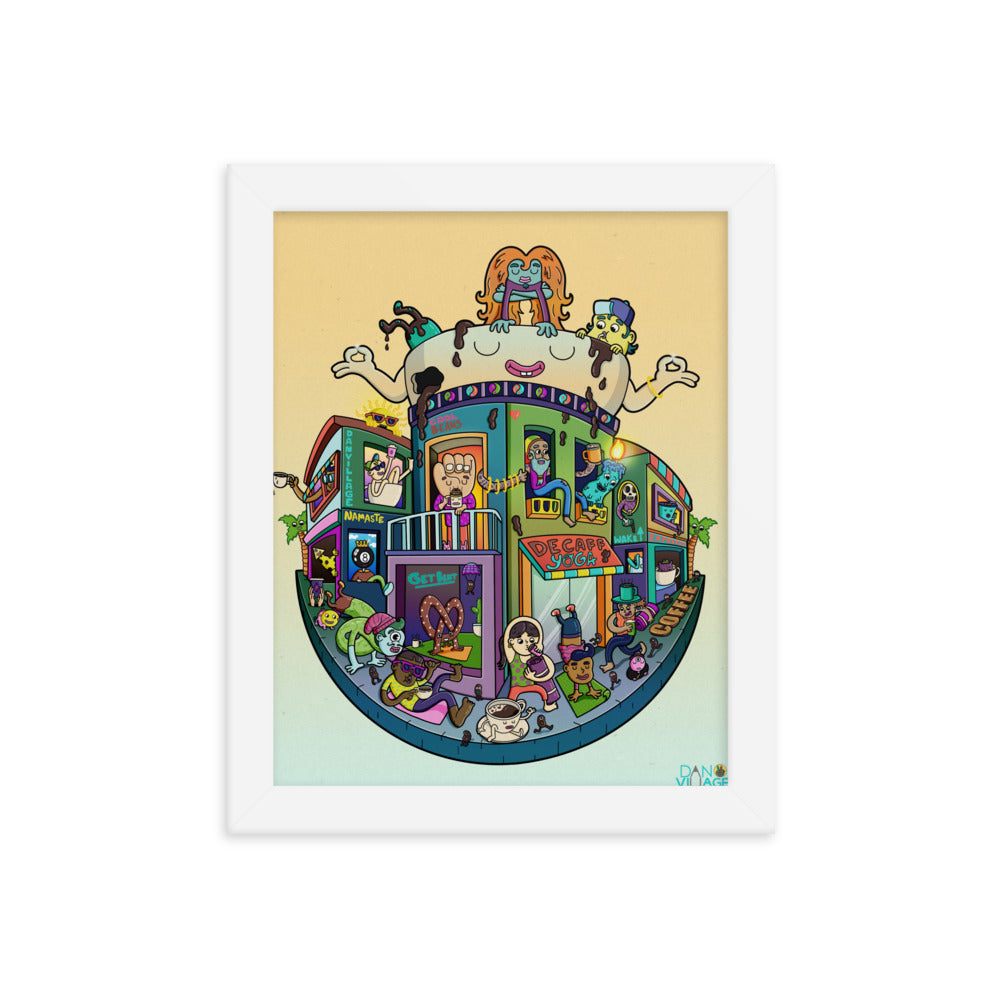 Colourful illustrated morning ritual wall art print of coffee cups and yoga poses