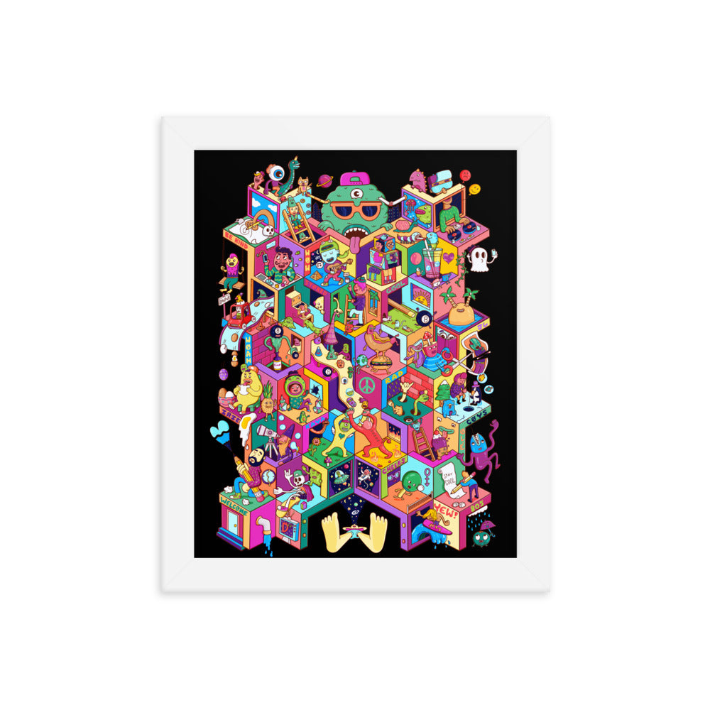 Original illustrated wall art print of a city where everything goes cheerfully wrong