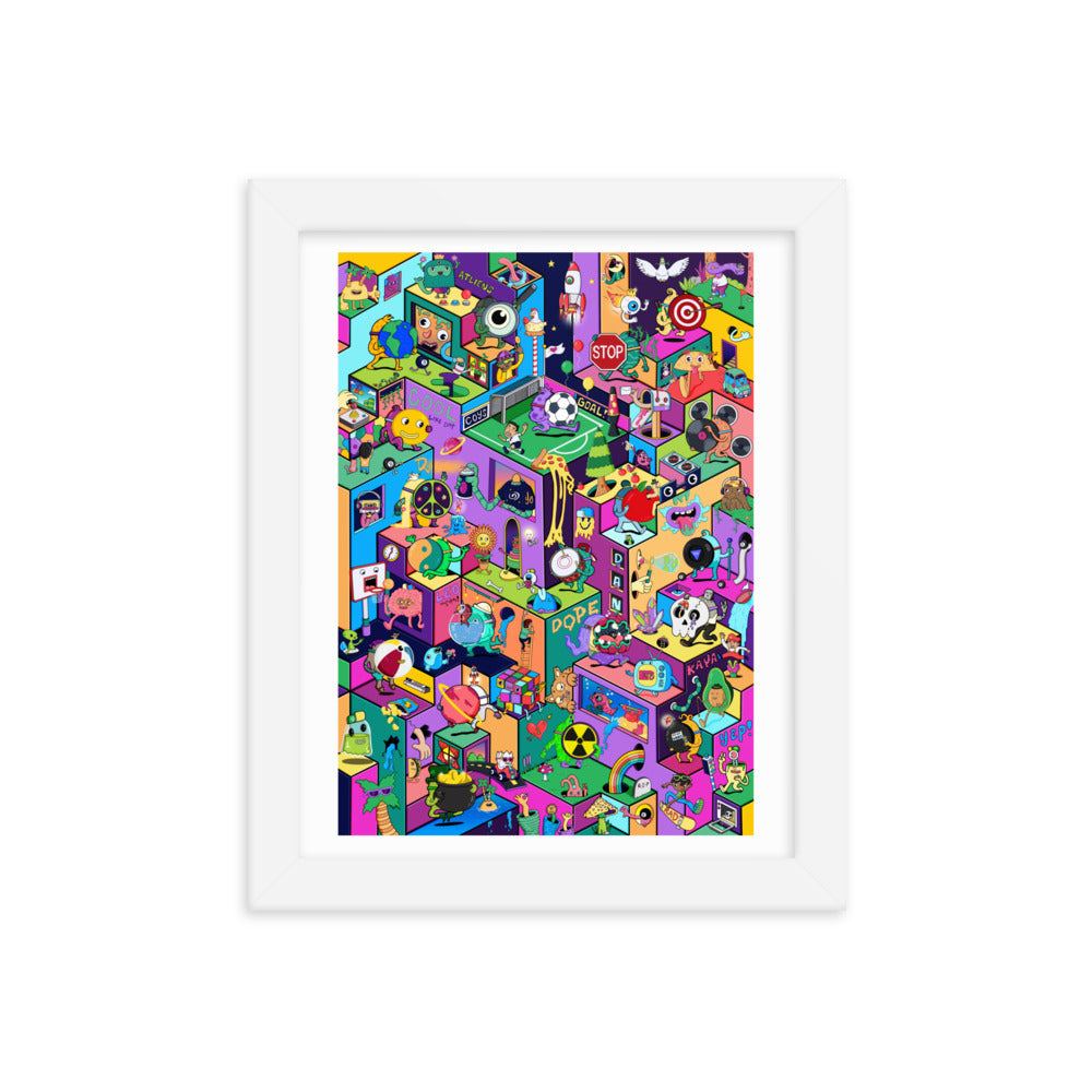 Surreal framed illustration print in the bold popwhimsy style of Danvillage Art Lab