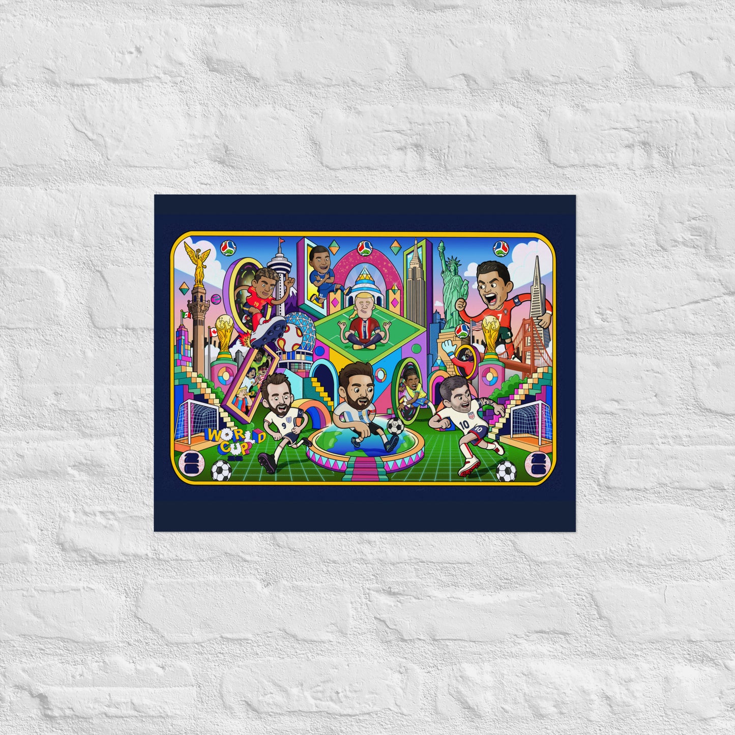 Dense character-packed soccer illustration poster for young players and lifelong fans