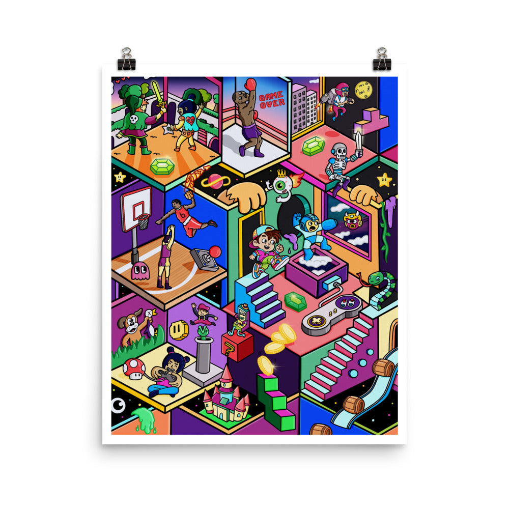 Isometric arcade cabinet artwork print packed with 80s and 90s gaming nostalgia