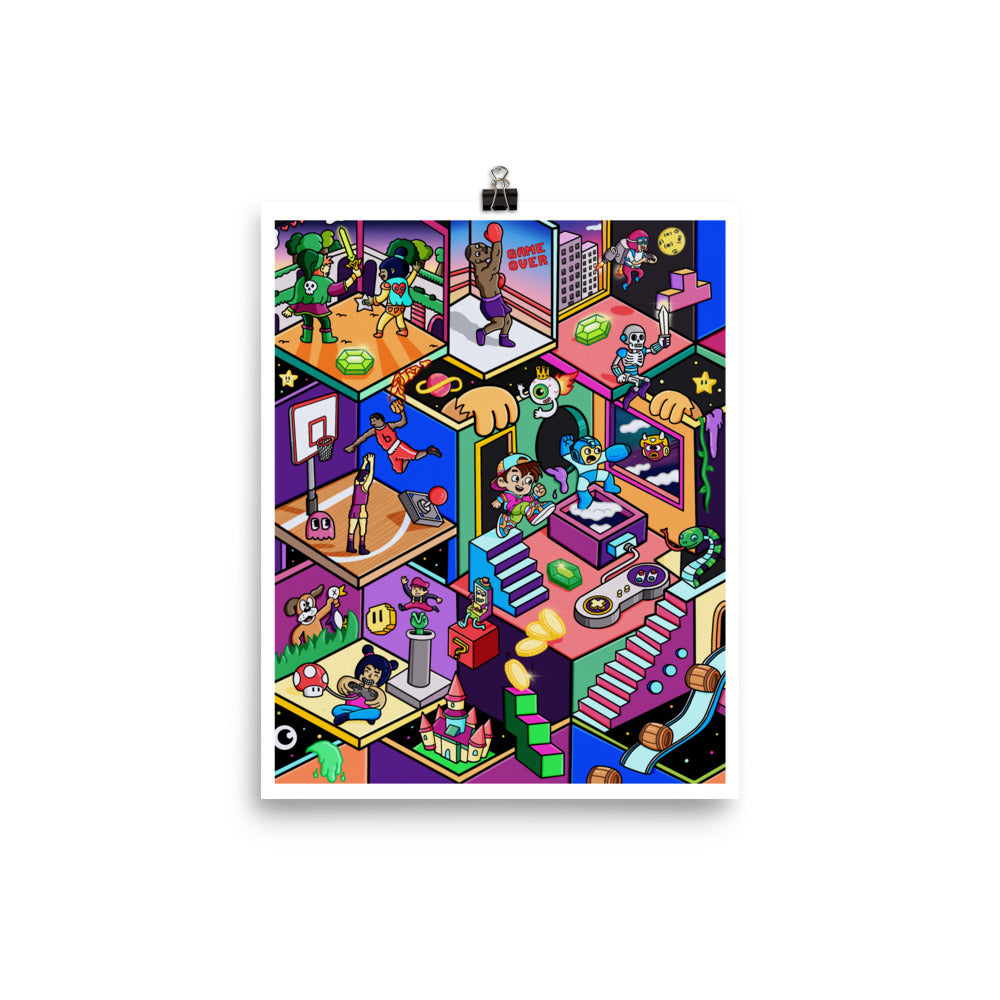 Illustrated retro video game wall art for game rooms, basements and teen bedrooms