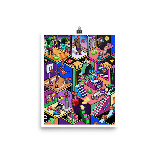 Illustrated retro video game wall art for game rooms, basements and teen bedrooms