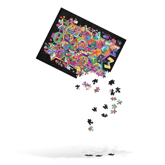 Art jigsaw puzzle featuring a character-packed isometric city design by Santa Barbara illustrator Daniel Sulzberg