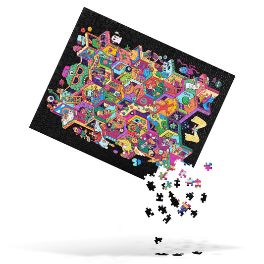 Isometric Mayhem art jigsaw puzzle, an original colorful surreal city illustration