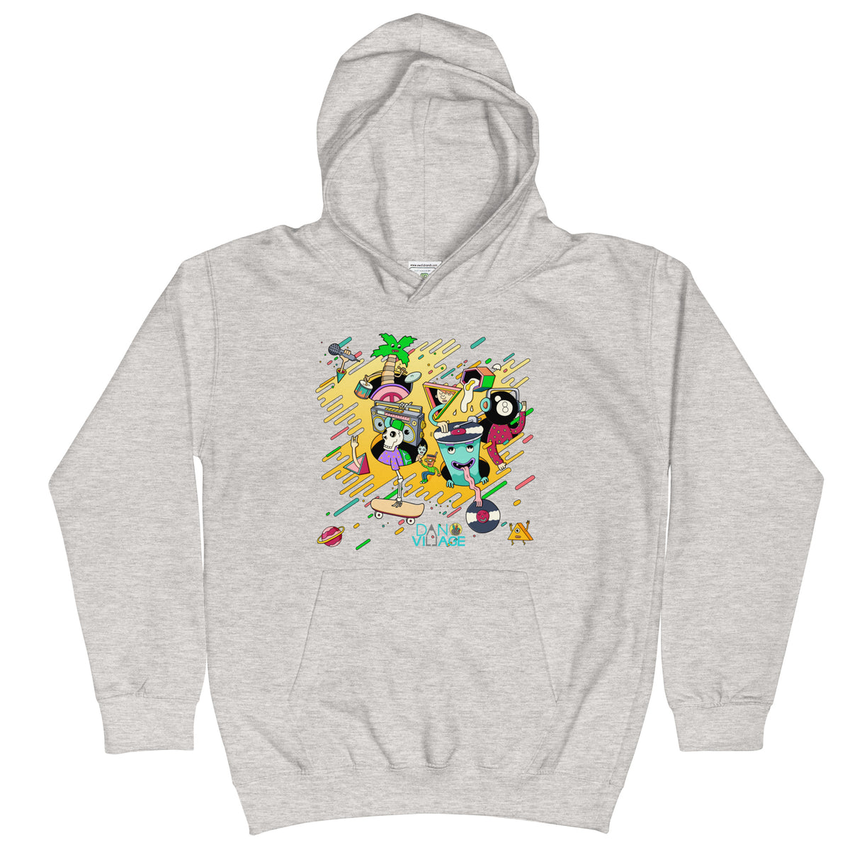 Streetwear-leaning kids hoodie with original skeleton and turntable characters