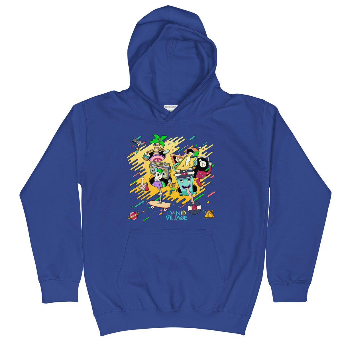 Hand-drawn vinyl and beats illustration on a bright illustrated kids hoodie