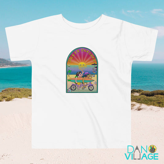 Santa Barbara sunsets, bikes and surfboards on an illustrated toddler t-shirt by Daniel Sulzberg