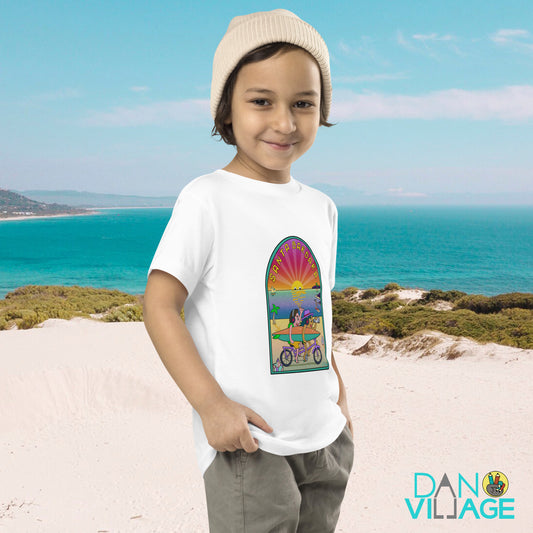 Illustrated toddler tee covered in California beach cruisers, surf and ocean sunsets