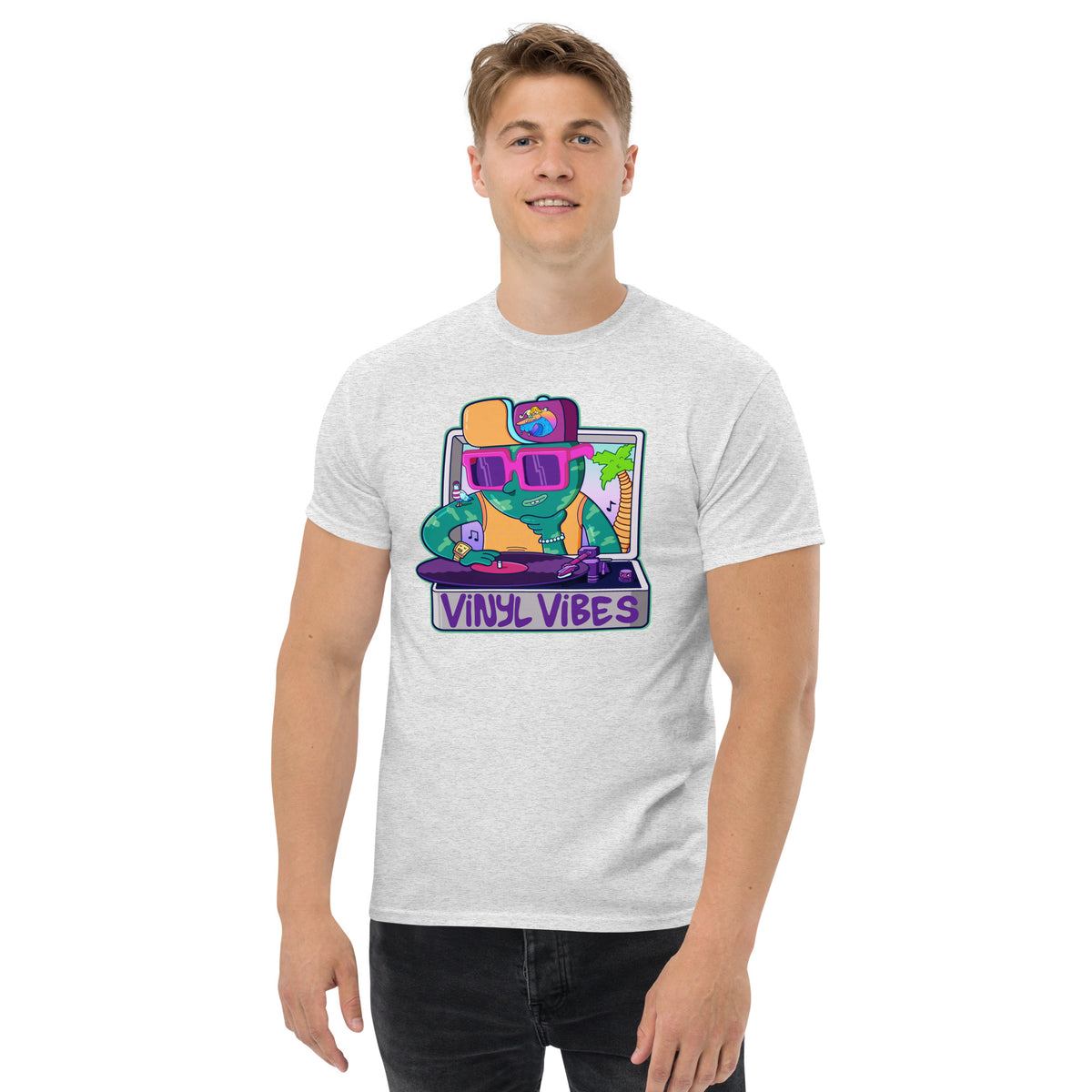 T-shirt featuring an illustrated record player design by Danvillage Art Lab