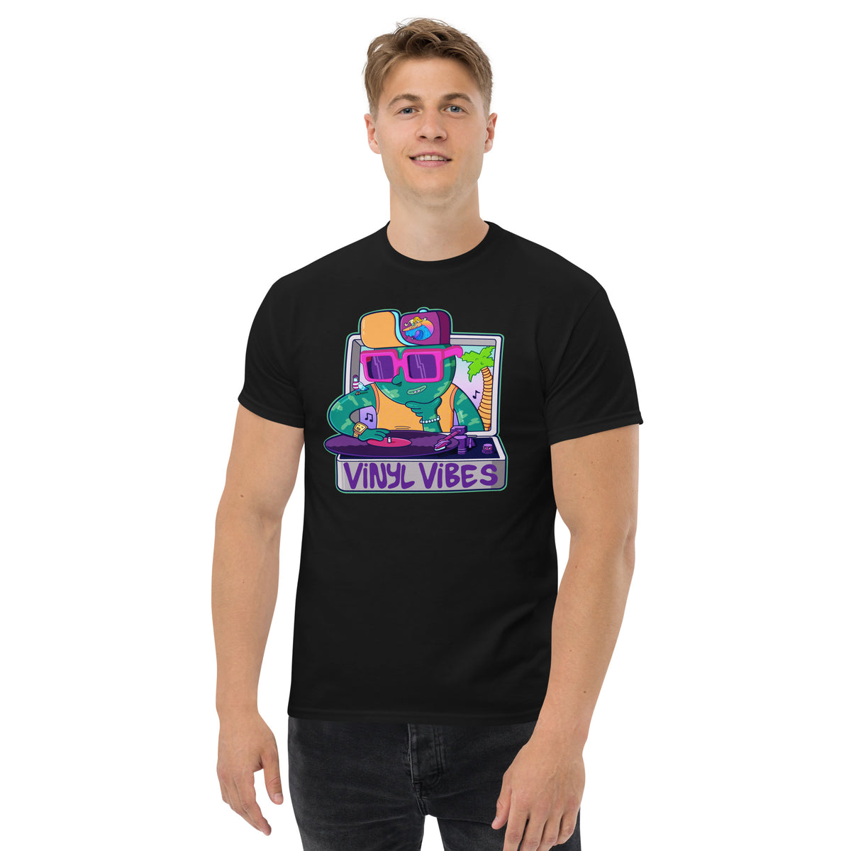 Vinyl Vibes illustrated graphic t-shirt, an original hand-drawn record player illustration