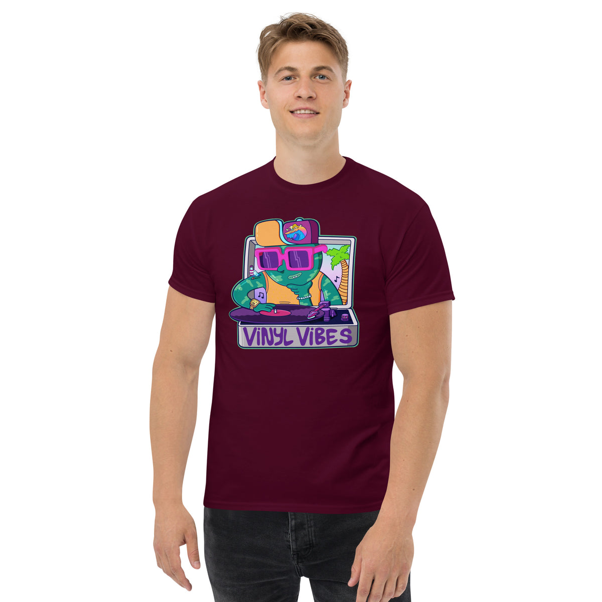 Colorful hand-drawn vinyl lover t-shirt built around a retro record player graphic by illustrator Daniel Sulzberg