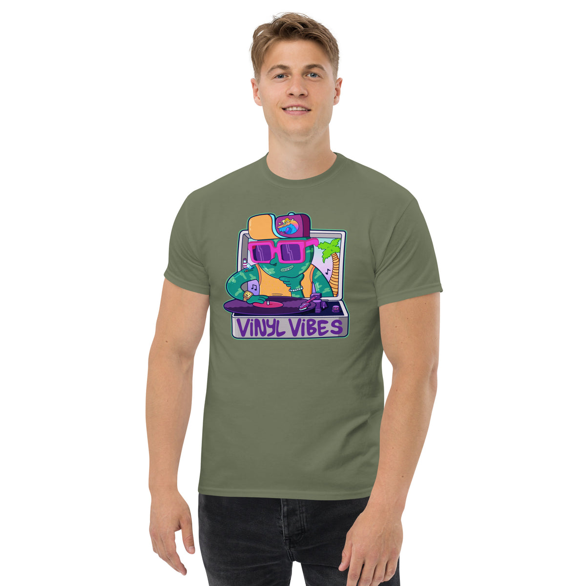 Original illustrated t-shirt built around a retro record player graphic by Santa Barbara illustrator Daniel Sulzberg