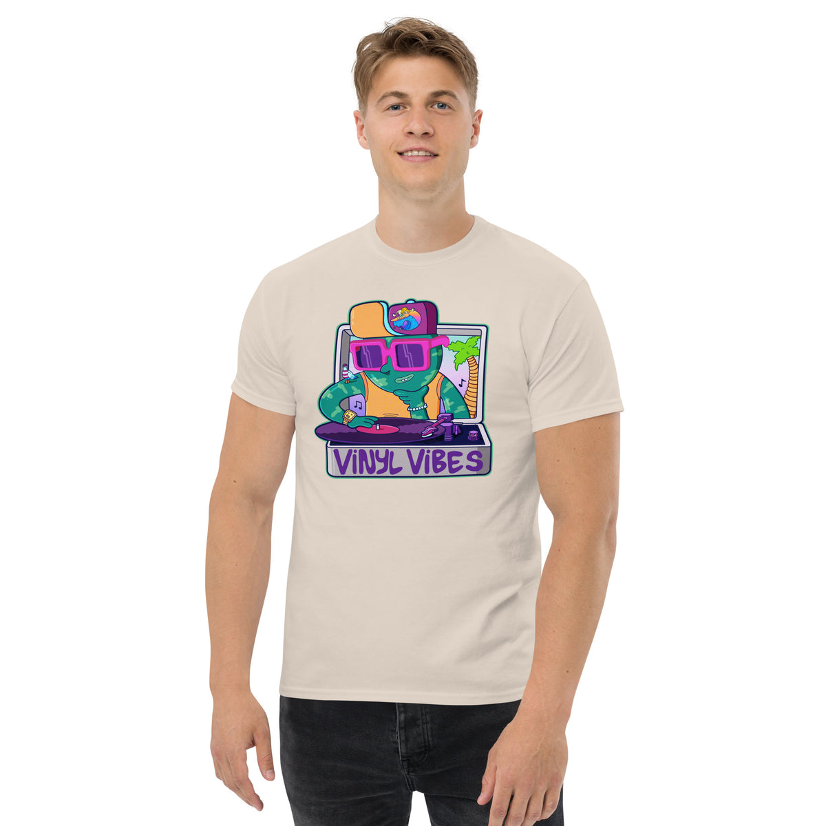 Vinyl Vibes artwork on an illustrated graphic t-shirt for music fans who still drop the needle