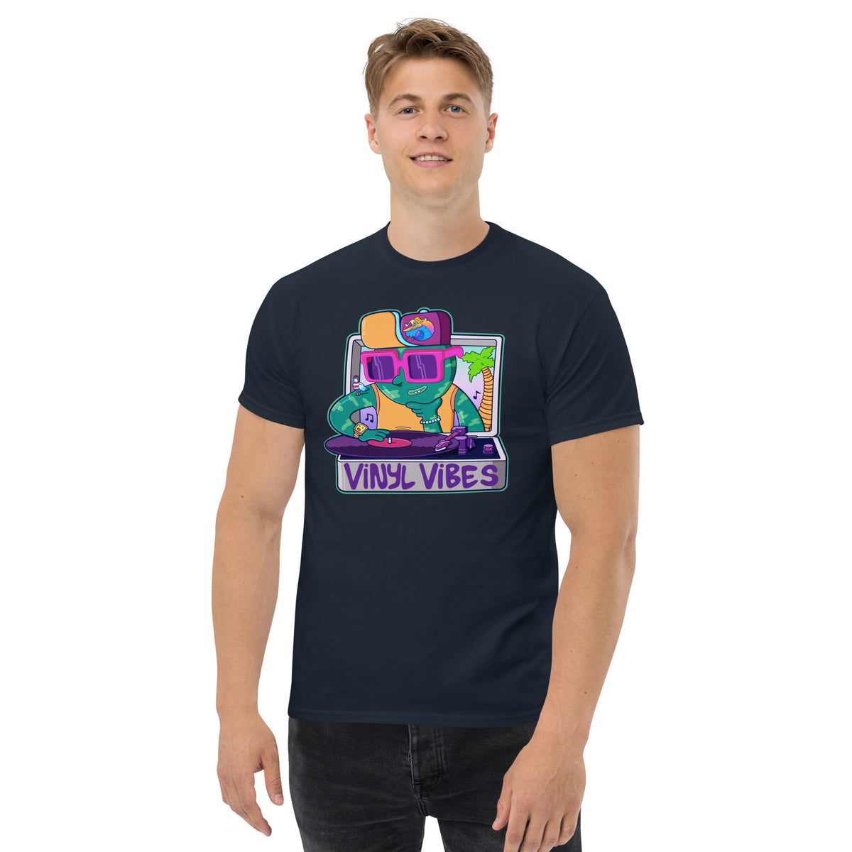 Illustrated graphic t-shirt featuring a hand-drawn record player illustration by Danvillage Art Lab