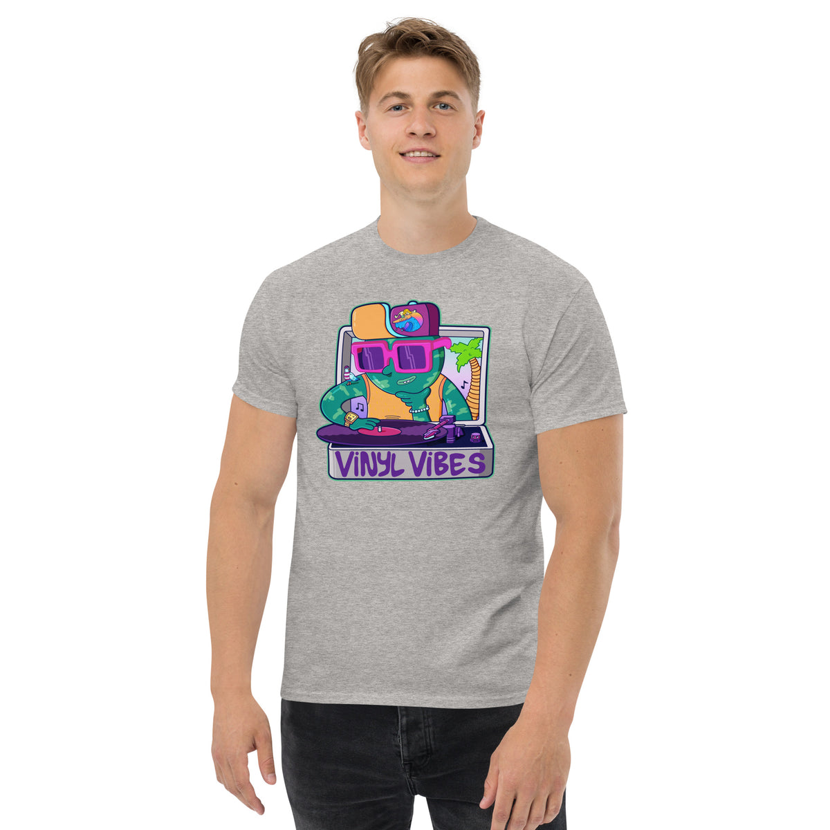 Vinyl Vibes t-shirt, an original hand-drawn record player illustration