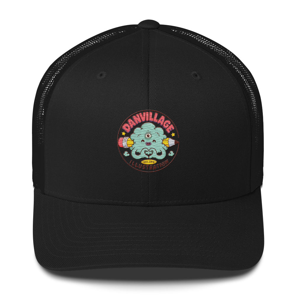 Retro trucker cap carrying an original illustrated Danvillage character design