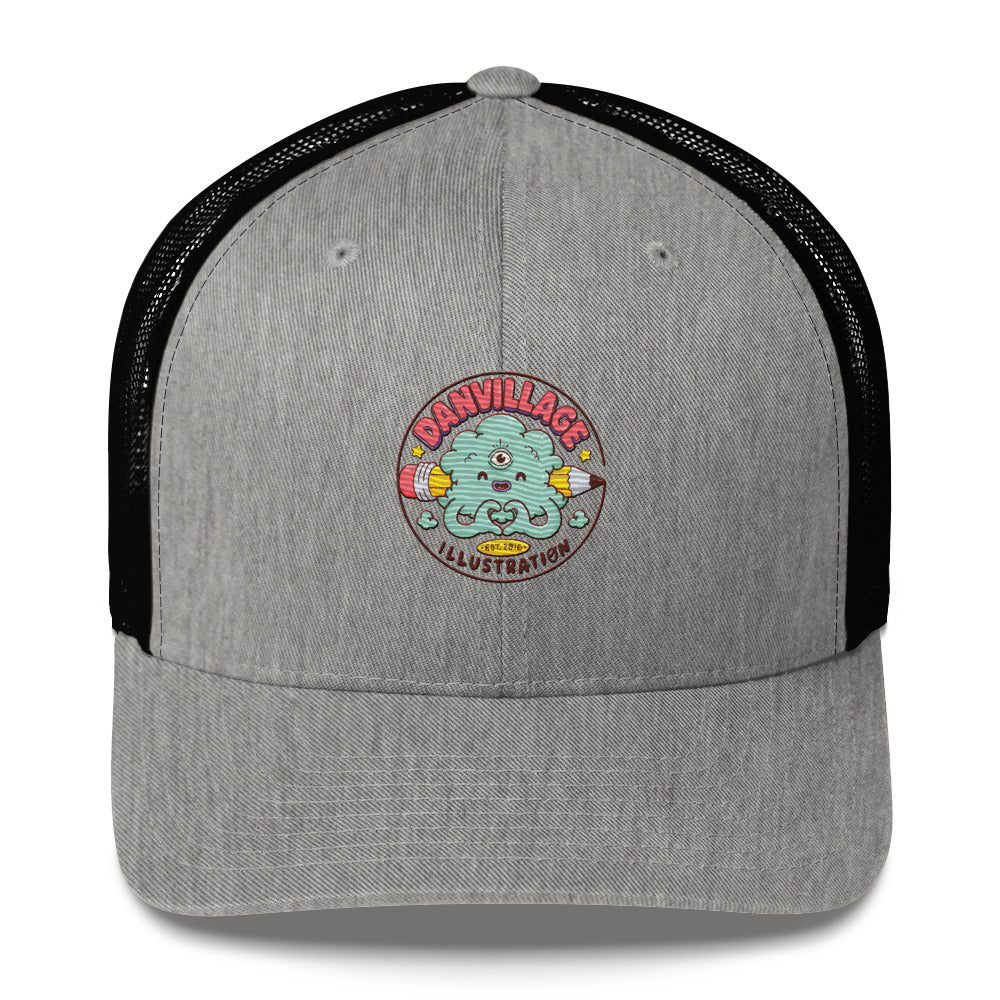 Character-driven illustrated trucker hat in bright original popwhimsy artwork