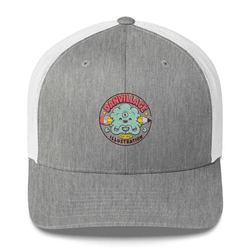 Artist trucker hat carrying an original hand-drawn Danvillage illustration
