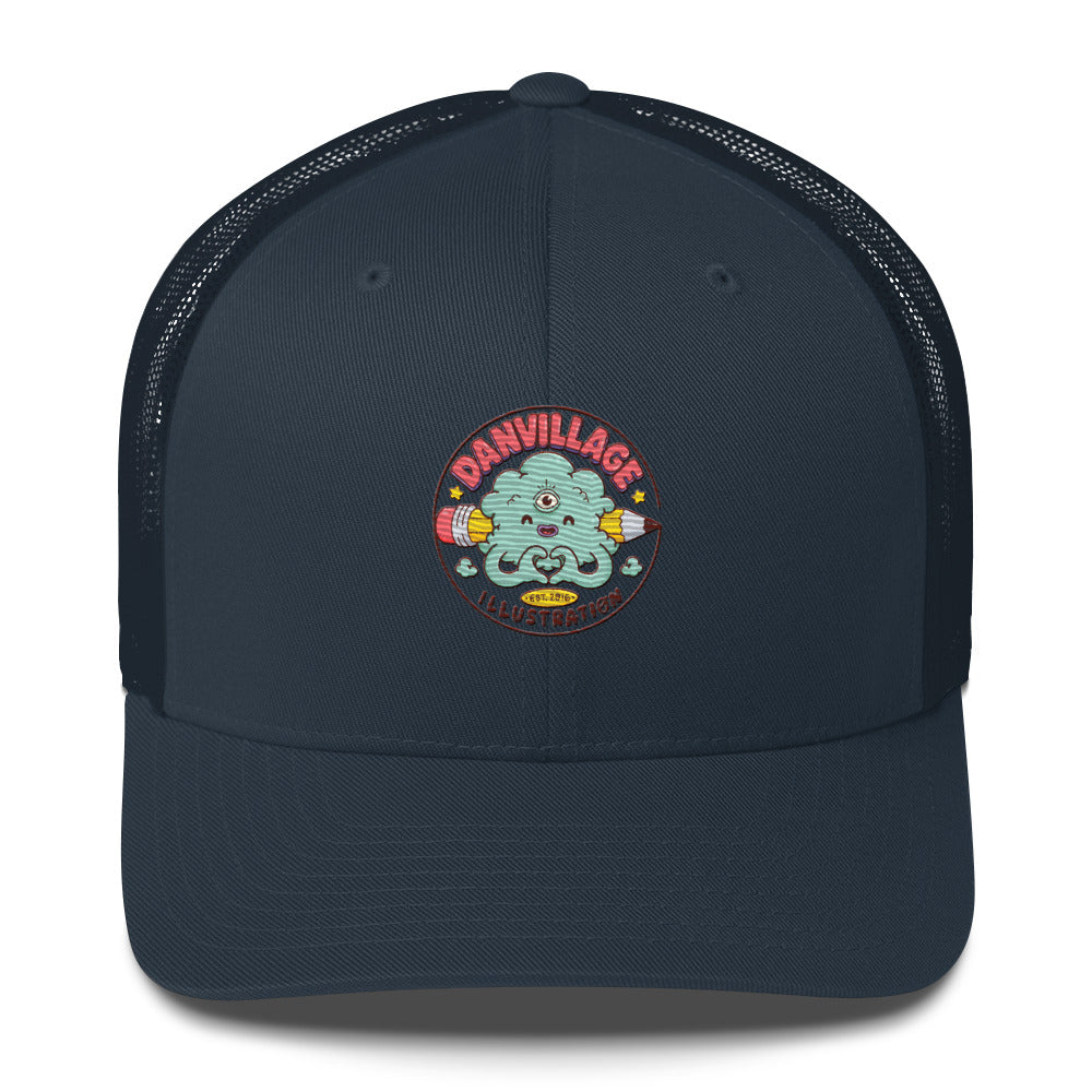 Illustrated trucker hat from Danvillage Art Lab in bold character-driven style