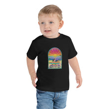 Load image into Gallery viewer, Santa Barbara Life California Sunset bikes Surfing ocean and beach happy bright shirt for kids and toddlers