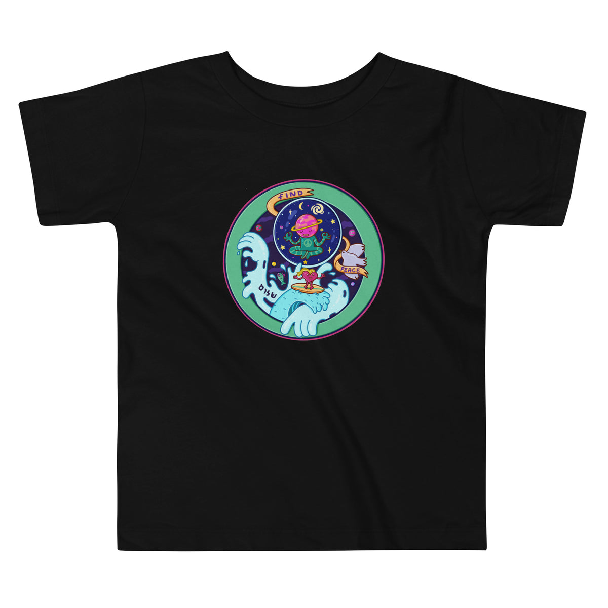 Gift for toddlers, a bright hand-drawn Find Peace tee from Danvillage Art Lab