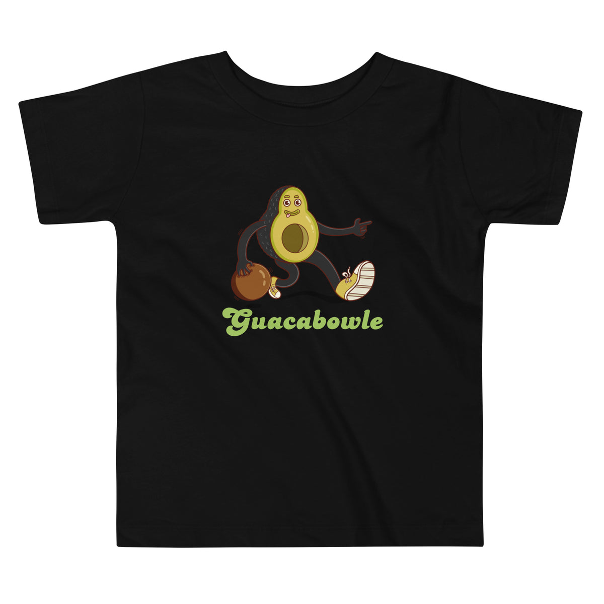 Bright hand-drawn avocado bowling artwork on an illustrated toddler graphic tee